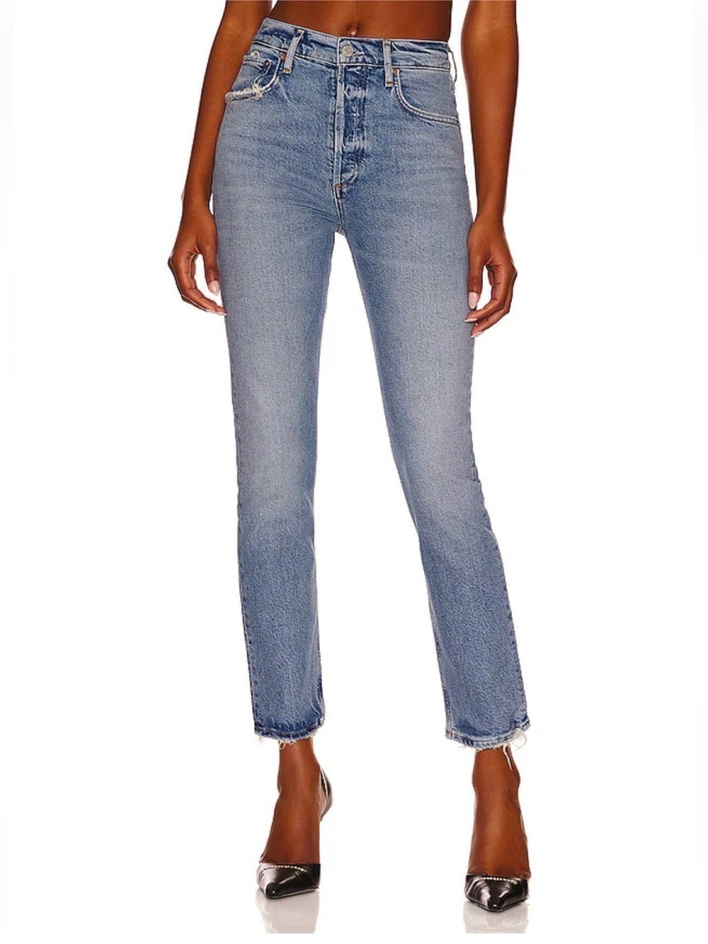 Agolde Riley Long Straight Jeans High Rise Distressed Sz 24 Button fly